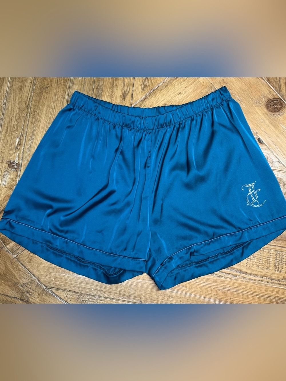 Juicy Couture Sleep Shorts Size L Teal Turquoise Satin Rhinestone Logo Pajamas